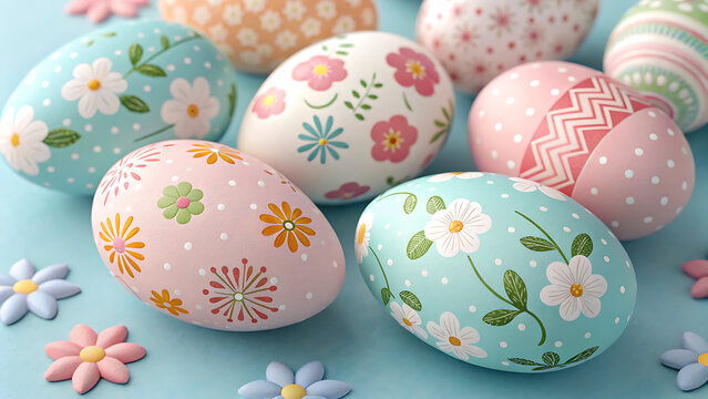 Handpainted Easter eggs in pastel shades feature floral, geometric, and polka dot patterns. A collection of beautifully decorated eggs for spring. - Powered by Adobe