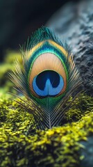 Obraz premium Single peacock feather with radiant colors and detailed eye pattern, symbolizing beauty, nature, and artistic inspiration, great for decorative themes, stylized comic book illustration