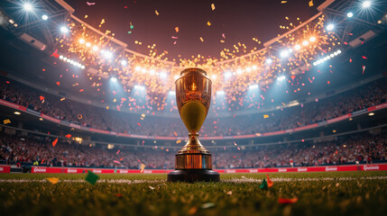 golden trophy stands proudly on field, surrounded by confetti and bright stadium lights, celebrating victorious moment in sports