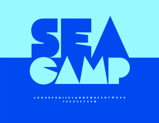 Vector Artistic flyer Sea Camp. Big Geometric Font. Creative Set of Abstract style Alphabet Letters and Numbers.
