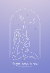 Vector illustration of a woman in the graceful yoga pose, drawn in a single-line style. The background has a soft violet gradient with a crescent moon, creating a calm and meditative atmosphere