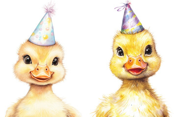 cute baby duck with birthday cap clipart, drawing portrait isolated on transparent background