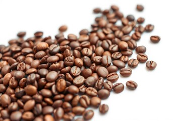 Fototapeta premium Close-up of aromatic coffee beans on a pristine white background, coffee beans, macro