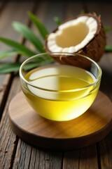 Clear coconut oil in glass bowl on rustic wood, oil, still life