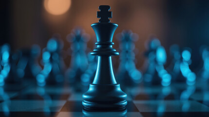 close up of chess king piece surrounded by blurred chess pieces, creating dramatic focus