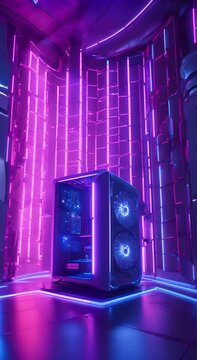 The blue room is filled with a massive supercomputer glowing with neon lights 4K vertical