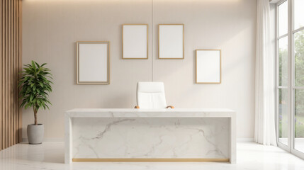 modern office reception area featuring marble desk, white chair, and empty frames on wall, creating clean and inviting atmosphere