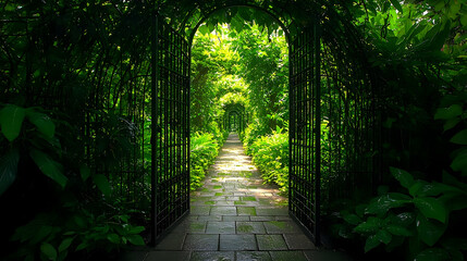Fototapeta premium A serene garden pathway framed by lush greenery and ornate iron gates, inviting exploration