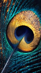 Obraz premium Single peacock feather with radiant colors and detailed eye pattern, symbolizing beauty, nature, and artistic inspiration, great for decorative themes, stylized comic book illustration