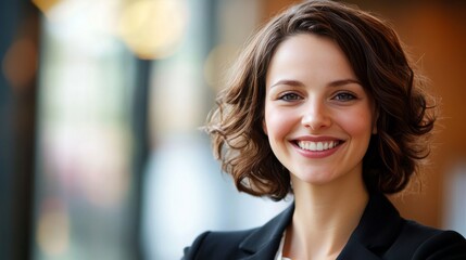 Obraz premium Smiling young businesswoman with curly hair in a professional suit, confident and successful career woman