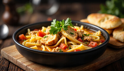 Delicious pasta dish with herbs and meat in a rustic setting