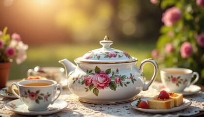 Teapot and cups with roses on outdoor table in garden