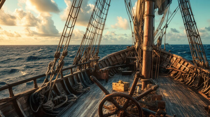Fototapeta premium Old pirate ship deck view with steering wheel background. Wood sail boar in sea. Antique galleon vessel with net and treasure chest. Summer adventure on battleship game landscape illustration