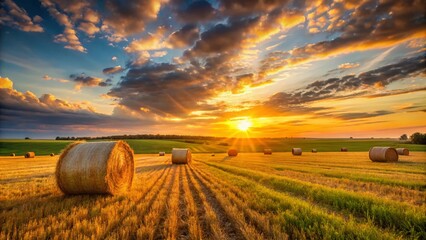 Golden Hour Sunset Panoramic: Hay Bale in Vast Grassland