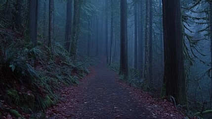 Fototapeta premium Misty Forest Path: A Serene Twilight Walk