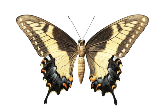 a butterfly with black and yellow wings cutout image and isolated on transparent background 