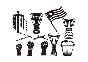 African Culture Icon Set: Drums, Flags, Raised Fists Black History Graphics