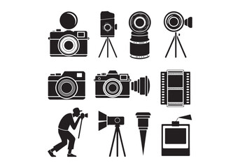 Photography Equipment Icon Set: Cameras, Lenses, Tripods Photo Vector Graphics