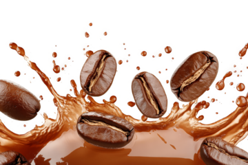 a group of coffee beans falling into a liquid cutout image and isolated on transparent background 