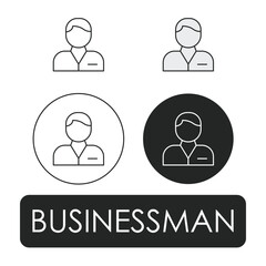 Businessman icon set covering corporate leadership, entrepreneurship success, executive business management, and company growth icons