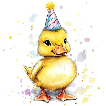 cute baby duck with birthday cap clipart, drawing portrait isolated on transparent background