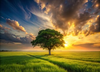 Obraz premium Golden Sunset Over Lush Green Field with Solitary Tree - Landscape Photography