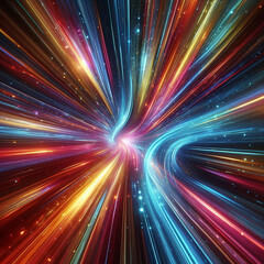 A burst of colorful light streaks radiates outward from a central point, creating a sense of high-speed motion and energy.