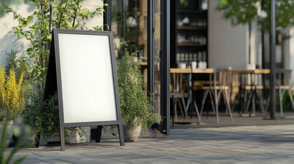 3d advertising sandwich board. Sign frame stand mockup. Easel billboard for street menu on sidewalk bear cafe. Outside restaurant black ad banner or promo realistic blank mock up side and front.