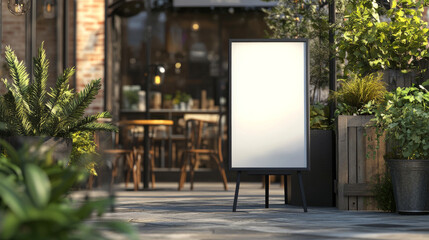 3d advertising sandwich board. Sign frame stand mockup. Easel billboard for street menu on sidewalk bear cafe. Outside restaurant black ad banner or promo realistic blank mock up side and front.