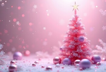 Obraz premium Pink Christmas tree with snow and snowflakes in a wintery holiday scene