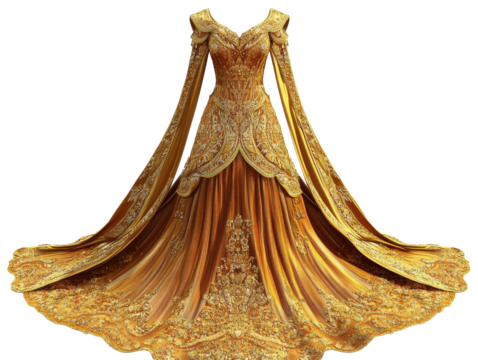 A golden gown with intricate embroidery and long flowing sleeves on a Transparent Background