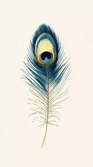 Single peacock feather with radiant colors and detailed eye pattern, symbolizing beauty, nature, and artistic inspiration, great for decorative themes, stylized comic book illustration