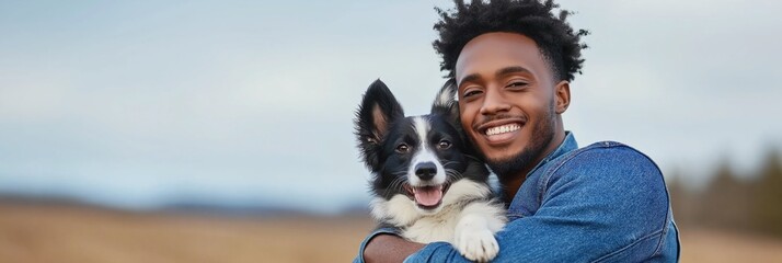 Obraz premium A man is holding a dog and smiling. The dog is black and white. Scene is happy and joyful