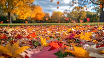 Autumn leaves falling park nature photography outdoor setting ground level view seasonal beauty