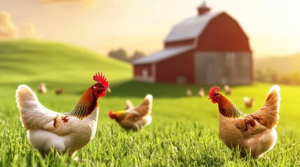 Fototapeta premium A serene farm scene featuring chickens roaming in a green field with a rustic barn in the background, illuminated by warm sunlight.
