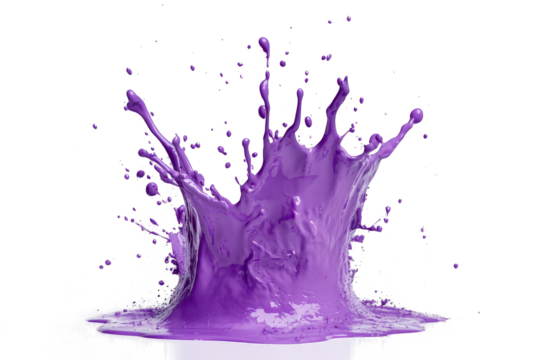 purple paint splashing into a glass cutout image and isolated on transparent background 