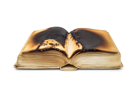 an open book with a burnt pages cutout image and isolated on transparent background 