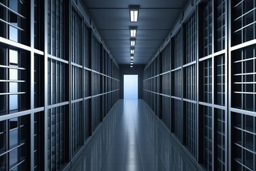 Fototapeta premium arafed hallway with rows of glass doors and a light at the end