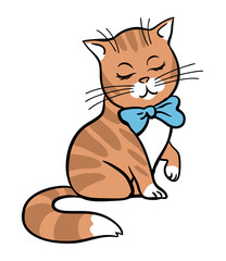 Cute cat with a bow on her neck. Domestic animal pet. Cartoon vector illustration isolated on white background. Hand drawn outline