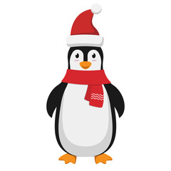 A cheerful Penguin dressed in a Santa Hat and Scarf for the festive Christmas season