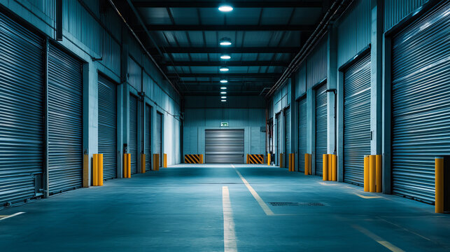 Warehouse interior with closed gates. Vector realistic illustration of empty storage room in store, factory or workshop with rolling shutter on doors. Commercial garage with roller up blinds