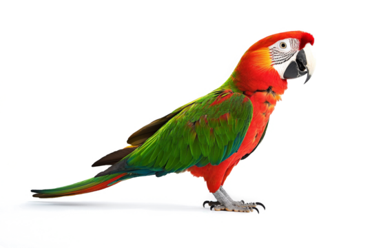 a parrot standing on a white surface cutout image and isolated on transparent background 