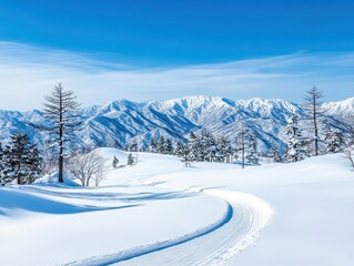 Obraz premium Serene winter landscape with snow-covered mountains and winding path under blue sky