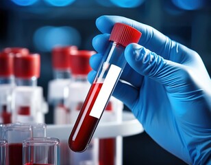 Holding a blood sample in a laboratory setting with various test tubes in the background, mockup