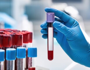 Laboratory technician holding blood sample in test tube for analysis and testing purposes, mockup