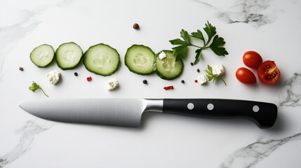 A fresh Mediterranean salad with cucumbers, tomatoes, olives, and feta cheese, styled with a light and vibrant feel