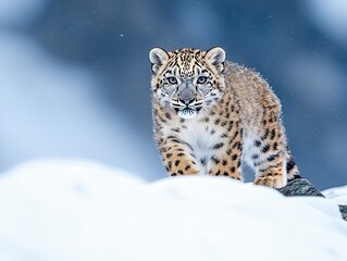 Fototapeta premium Snow leopard cub exploring its snowy habitat in the mountains with a soft snowfall