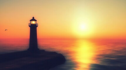 Serene Sunset Seascape with Lighthouse Silhouette