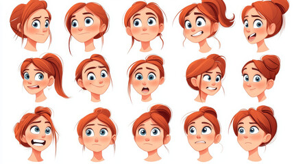 Fototapeta premium Caucasian girl face constructor set. Vector cartoon illustration of female character avatar design kit with head, brown hairstyle, smiling and sad mouth, eyes, eyebrows templates, facial expressions