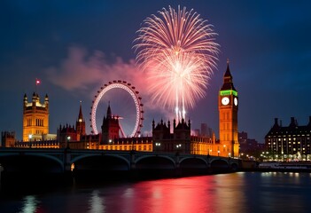 Obraz premium Colorful fireworks over the Thames River at night during a celebration